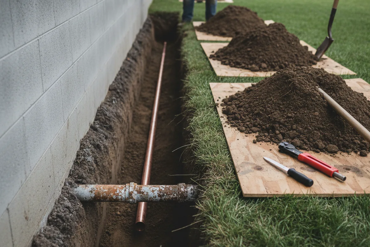 Excavated water line trench during Water Heater Repair in Hawthorne